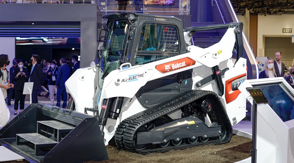 The Doosan Bobcat T7X on display at CES 2022 in Las Vegas features Moog electric cylinders and the Moog traction motor located at the uppermost point under the triangle forming the vehicle&rsquo;s tracks.