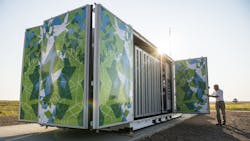 Stationary batteries, like the one pictured, allow buildings to reduce reliance on grid power by storing energy that can be used during times of peak demand. Stationary batteries, like the one pictured, allow buildings to reduce reliance on grid power by storing energy that can be used during times of peak demand.