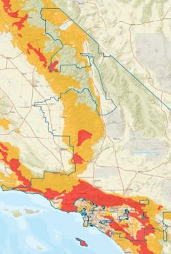 High fire threat areas (in orange) in SCE service territory.