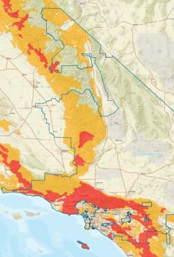 High fire threat areas (in orange) in SCE service territory. High fire threat areas (in orange) in SCE service territory.