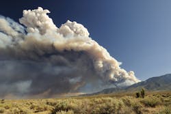 A wildfire spreads in eastern California. In the instance of PSPS events, a customer-owned solar-plus-battery system may operate as backup power. A wildfire spreads in eastern California. In the instance of PSPS events, a customer-owned solar-plus-battery system may operate as backup power.