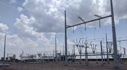 The Western Spirit Switchyard is a major 345 kV facility serving as the point of interconnection for the four windfarms. This is the transmission line terminations at the switching station showing some of the switching devices and incomplete buswork.