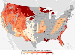 NOAA research demonstrates the projected increase in the number of &ldquo;very large fire weeks&rdquo; by mid-21st-century compared to the end of the 20th century.