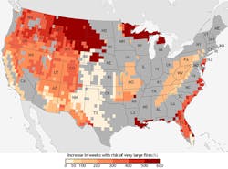NOAA research demonstrates the projected increase in the number of “very large fire weeks” by mid-21st-century compared to the end of the 20th century. NOAA research demonstrates the projected increase in the number of “very large fire weeks” by mid-21st-century compared to the end of the 20th century.