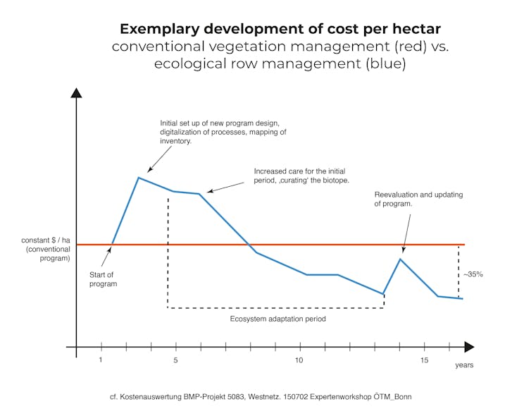 After an initial spike in cost due to the setup of a new program, costs eventually decrease.