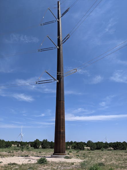 Pattern Energy used single-pole transmission line structures to accommodate special conditions or restrictions on the Western Spirit Wind project. The fiber-optic, optical ground wire telecommunication system can be seen at the top of the structure.