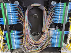 The overall protection and SCADA telecontrol of all aspects of the Western Spirit system depends on redundant fiber optic routes. This photo shows a patching panel to allow fiber testing and fiber route reconfiguration. There are no copper interconnections here, only fiber optic telecommunication paths configured in a redundant loop system.