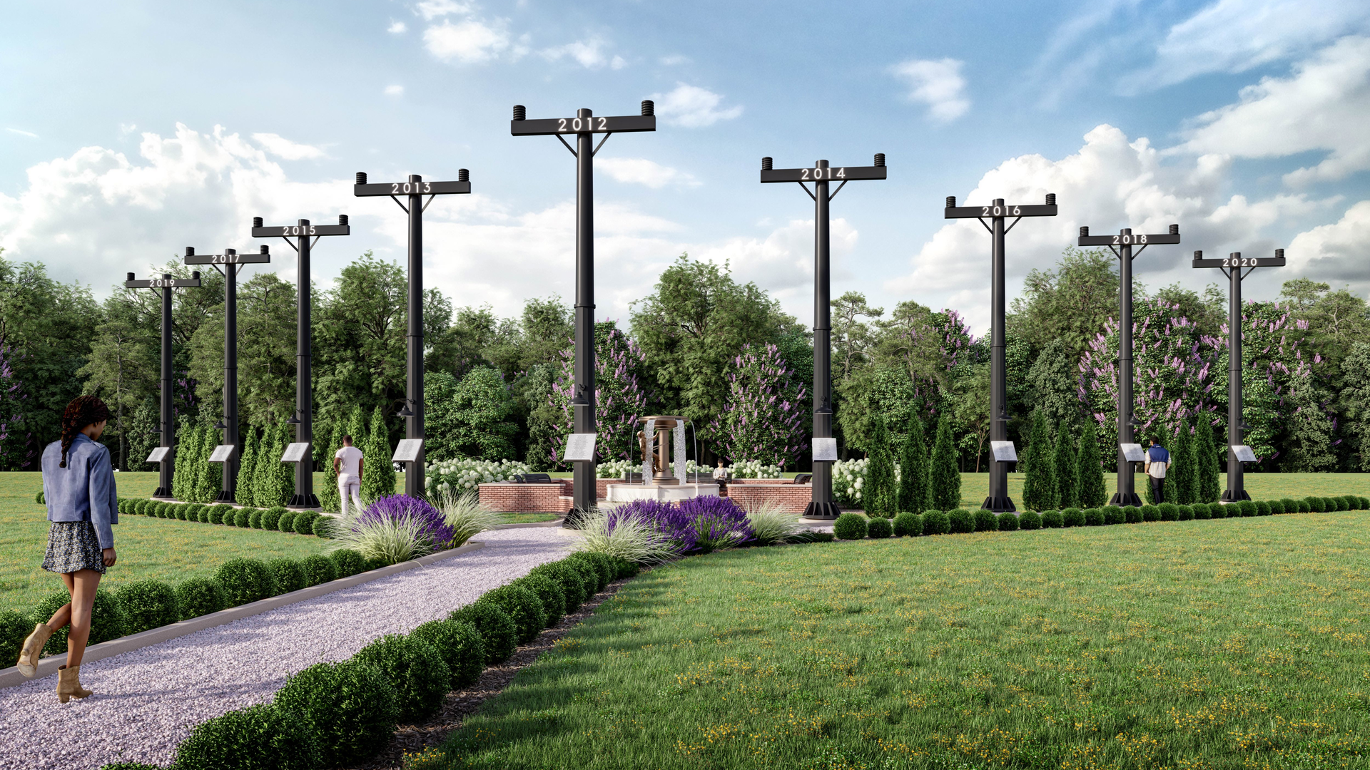 An designer's rendering of the national monument to fallen linemen to be constructed in Freeland, Pa., which will include a memorial garden, rodeo grounds, playground, parking and headquarters for NSUJL.
