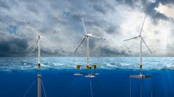 Floating offshore wind turbines require unique mooring systems to hold them in place, which can increase the space needed for wind power plant development. Classic floating platform concepts can include spar (left), semisubmersible (center), and tension leg platforms (right).