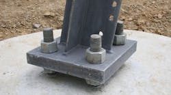 Four bolt base plate that will support a 765kV running corner tower.