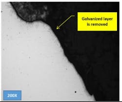 Photomicrograph showing galvanizing removed on a lattice tower member by wildfire. Courtesy of Matergenics. Photomicrograph showing galvanizing removed on a lattice tower member by wildfire. Courtesy of Matergenics.