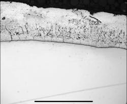 Photomicrograph showing a proper galvanized coating on a lattice tower member. Courtesy of Matergenics. Photomicrograph showing a proper galvanized coating on a lattice tower member. Courtesy of Matergenics.