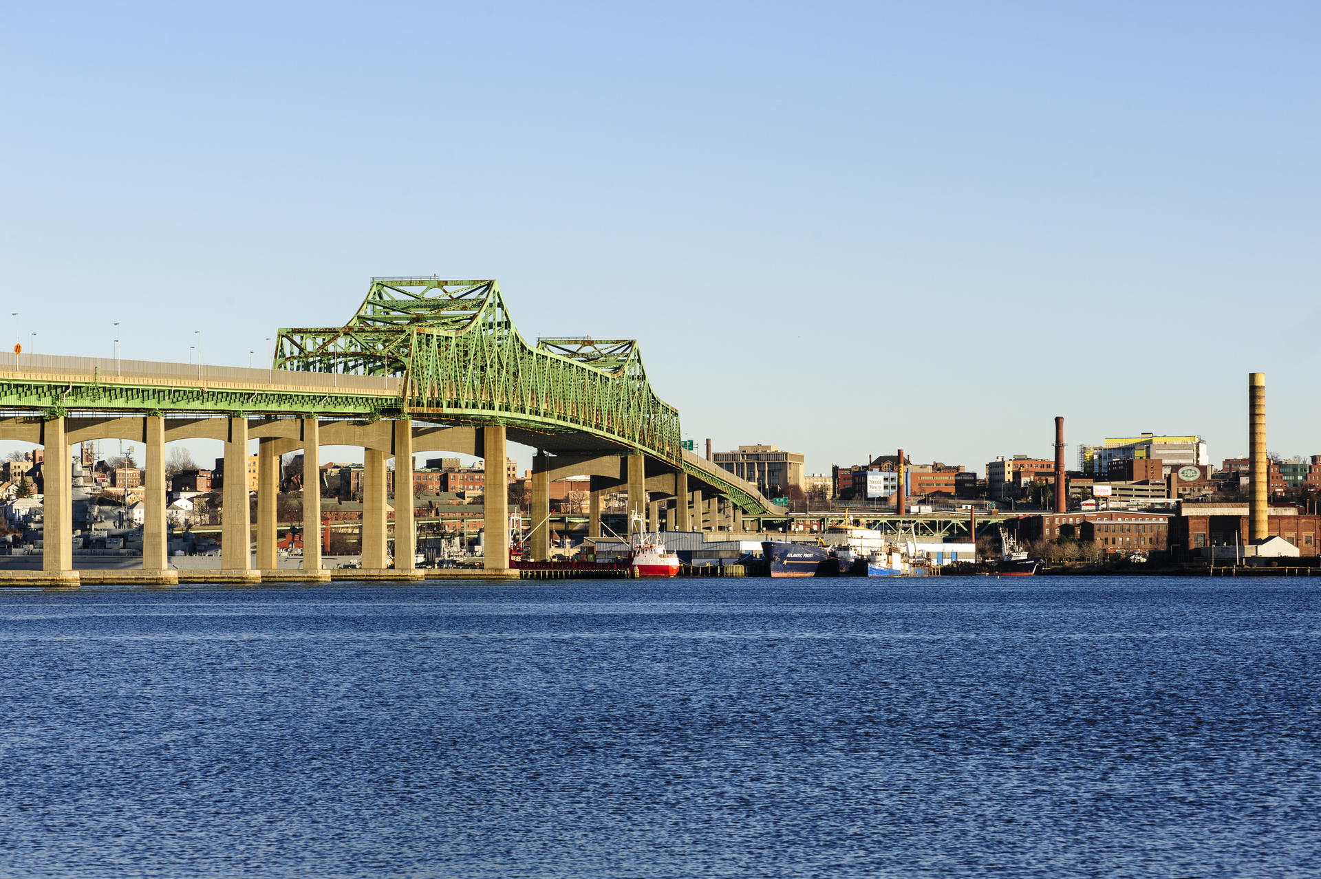 The Braga Bridge crosses the Taunton River near Fall River, Massachusetts. The city was famous in the 19th century as a hub of the U.S. textile industry.