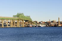 The Braga Bridge crosses the Taunton River near Fall River, Massachusetts. The city was famous in the 19th century as a hub of the U.S. textile industry.