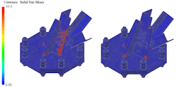 Stress concentrations in excess of 50ksi (345MPa) for the dead end base shoe with c/t ratio of 3.8 (left) and 3.0 (right). Stress concentrations in excess of 50ksi (345MPa) for the dead end base shoe with c/t ratio of 3.8 (left) and 3.0 (right).