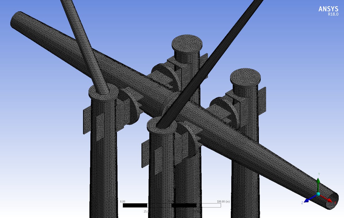 Mesh elements in vertical legs, static wire and top conductor arms.