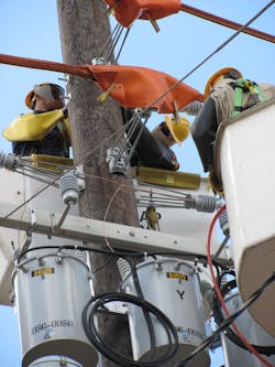 Hawaiian Electric crews work on a pole-mounted transformer. The utility has seen lead times jump from 16 weeks to 142 weeks for single-phase pad-mounted transformers.