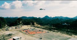 Helicopter yard operation in 132-kilovolt Biswanath Chariali-Itanagar line. The company implemented an extensive aerial operation by deploying lightweight helicopters transporting 6,700 metric tons (7,385 tons) of material across 50 locations in Assam and Arunachal Pradesh.