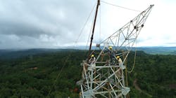 Tower erection in 400 kilovolt D/C Silchar-Misa line. This line is a double-circuit, quad-conductored 178 km (111 mile) transmission line with aluminum conductor steel reinforced conductor. Tower erection in 400 kilovolt D/C Silchar-Misa line. This line is a double-circuit, quad-conductored 178 km (111 mile) transmission line with aluminum conductor steel reinforced conductor.