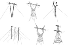 Common guyed and self-supporting towers. From top left clockwise: guyed vee tangent, self-supporting tangent, guyed delta tangent, delta self-supporting deadend, flat self-supporting deadend, and flat guyed deadend structure.