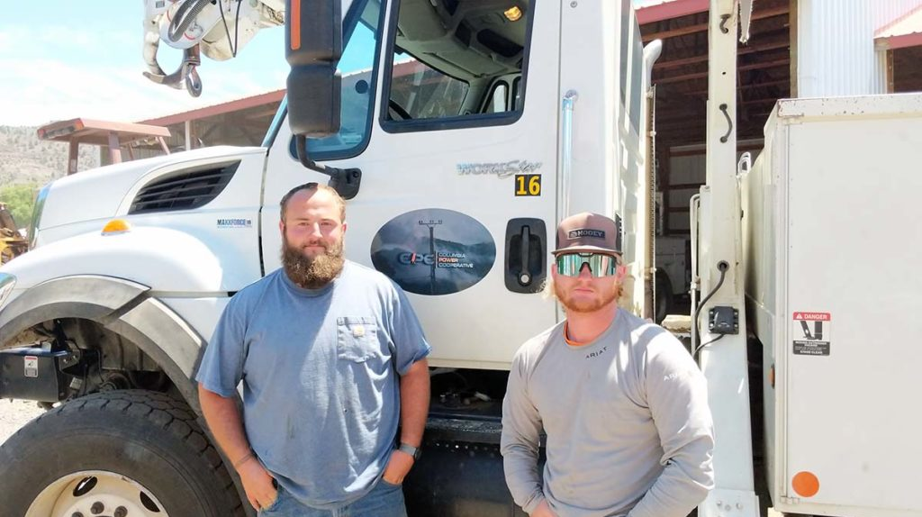 In Oregon&rsquo;s Umatilla Forest, Columbia Power Cooperative Association&rsquo;s Garrett Warner (left) and Jack Jewell risked hypothermia to perform a water rescue of a driver and her dog after their minivan crashed in a creek.