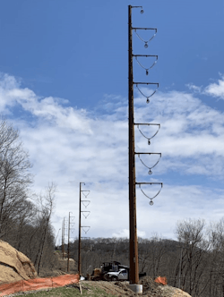 This tangent structure is shown with arms and insulators. This tangent structure is shown with arms and insulators.