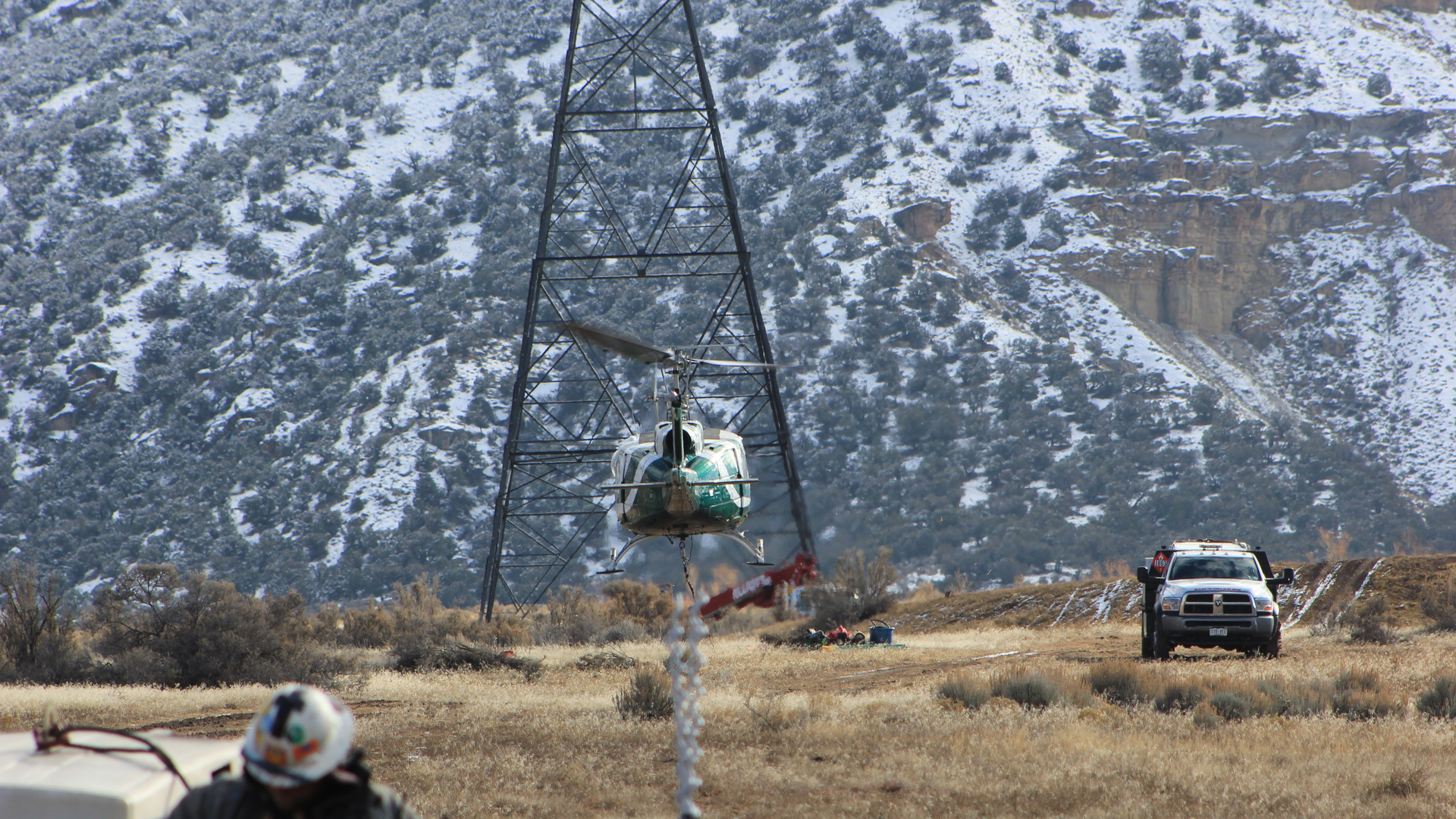 As part of his job, Kelly Steber works alongside helicopter crews for line work.