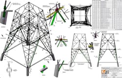Tower 58 stabilization showing restored shear leg diagonal support (blue) and bracing reinforcing (red). Tower 58 stabilization showing restored shear leg diagonal support (blue) and bracing reinforcing (red).