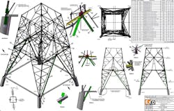 Tower 58 stabilization showing restored shear leg diagonal support (blue) and bracing reinforcing (red). Tower 58 stabilization showing restored shear leg diagonal support (blue) and bracing reinforcing (red).