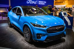 A Ford Mustang Mach-E GT all-electric vehicle shown at a 2021 motor show in Munich. A Ford Mustang Mach-E GT all-electric vehicle shown at a 2021 motor show in Munich.