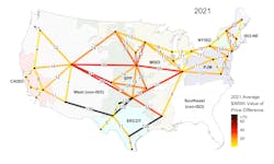 Figure 2. Marginal value of transmission in relieving congestion and facilitating trade in 2021. Figure 2. Marginal value of transmission in relieving congestion and facilitating trade in 2021.