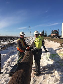 Line crew members work long hours to repair damage from Winter Storm Wesley. A total of 335 poles were downed in the storm. Line crew members work long hours to repair damage from Winter Storm Wesley. A total of 335 poles were downed in the storm.
