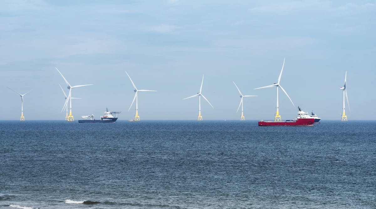 Wind turbines in an offshore wind farm near Aberdeen, Scotland.