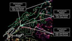 Feeder breaker outage on a substation. FISR implemented a 6-step plan to restore 1,263 of 1,630 customers within 110 seconds of FISR starting evaluating, 48 seconds of which was just sending SCADA controls. Feeder breaker outage on a substation. FISR implemented a 6-step plan to restore 1,263 of 1,630 customers within 110 seconds of FISR starting evaluating, 48 seconds of which was just sending SCADA controls.