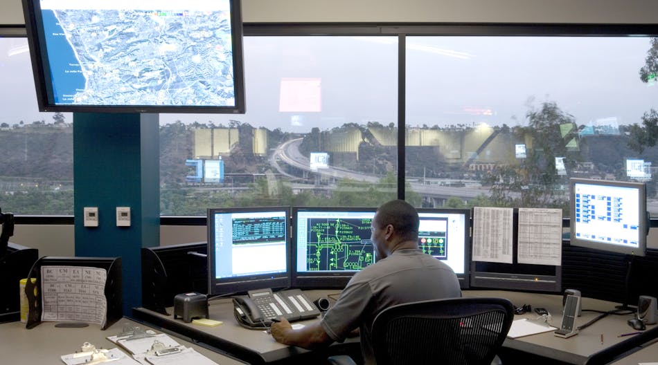 An SDG&amp;E control room. SDG&amp;E has facilitated the development and integration of hundreds of advanced weather stations, granular sectionalizing devices with remotely toggled sensitive relay profiles, falling conductor protection and incipient fault detection, as well as the use of predictive analytics for situational awareness and wildfire mitigation.