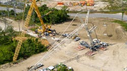 Because of the height of the towers and reach needed to install the top crossarms, a 900-ton crane was necessary, which also served as the primary steel erection crane; the 800-ton crane was used to transport personnel to minimize worker fatigue and assist with picks, when necessary. Because of the height of the towers and reach needed to install the top crossarms, a 900-ton crane was necessary, which also served as the primary steel erection crane; the 800-ton crane was used to transport personnel to minimize worker fatigue and assist with picks, when necessary.