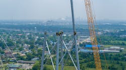 When faced with the complete rebuild of a critical piece of infrastructure after a natural disaster, the foremost goal should be focused on what can be built safely into the new solution to preclude the infrastructure from ever failing again in a similar scenario. As part of the fabrication process, Valmont performed a fit test of critical tower members at its manufacturing facilities to ensure perfect alignment and mitigate delays during construction. When faced with the complete rebuild of a critical piece of infrastructure after a natural disaster, the foremost goal should be focused on what can be built safely into the new solution to preclude the infrastructure from ever failing again in a similar scenario. As part of the fabrication process, Valmont performed a fit test of critical tower members at its manufacturing facilities to ensure perfect alignment and mitigate delays during construction.
