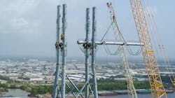 The towers were slated to be delivered in mid-April 2022 to enable steel erection to begin as soon as the pile caps were completed at the Avondale site. To mitigate any failures during the 5650-ft (1722-m) wire pull — 3800 ft (1158 m) of that across the Mississippi River from tower to tower — Entergy and Irby worked tirelessly with the conductor manufacturer, Southwire Co. LLC, to ensure the correct rigging, equipment, angles and setup locations were identified. P The towers were slated to be delivered in mid-April 2022 to enable steel erection to begin as soon as the pile caps were completed at the Avondale site. To mitigate any failures during the 5650-ft (1722-m) wire pull — 3800 ft (1158 m) of that across the Mississippi River from tower to tower — Entergy and Irby worked tirelessly with the conductor manufacturer, Southwire Co. LLC, to ensure the correct rigging, equipment, angles and setup locations were identified. P