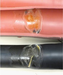 Evidence of PD activity found in the defective CHP2-R2 cable joint. Evidence of PD activity found in the defective CHP2-R2 cable joint.
