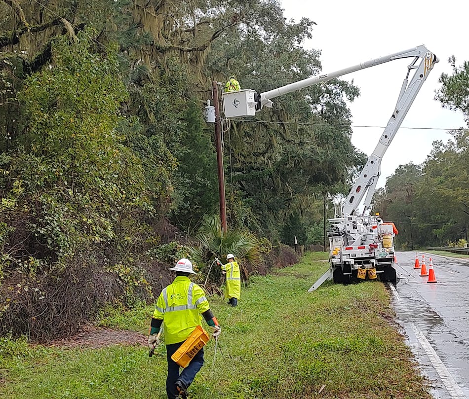 Line crews from Duke Energy&rsquo;s Wildwood Operations Center in north-central Florida work to restore power to a neighborhood in Sumter County, Florida.