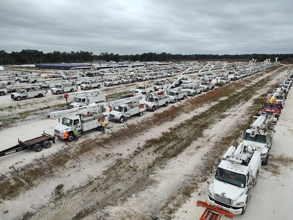 More than 800 trucks mobilized at the Villages in Sumter County, one of many staging sites across Florida used to house crews from Duke Energy and other utilities. These sites served as critical resource centers to move crews and equipment to areas hit hardest after Hurricane Nicole&rsquo;s impact.