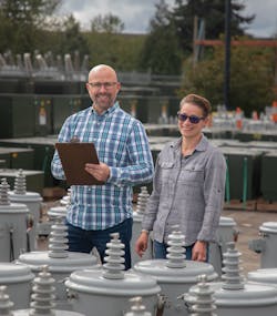 Bo Mackey, T&amp;D Apparatus Supervisor, and Crystal Williams, Distribution Engineering Supervisor for Eugene Water &amp; Power. EWEB was seeing transformer delivery times grow to up to 38 months.
