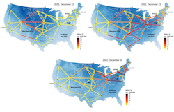Figure 3. Transmission value moved east with cold surface temperatures December 22nd – 24th. The value shown above is calculated as a total for each day (central time). Darker blue colors indicate colder surface temperatures. Figure 3. Transmission value moved east with cold surface temperatures December 22nd – 24th. The value shown above is calculated as a total for each day (central time). Darker blue colors indicate colder surface temperatures.