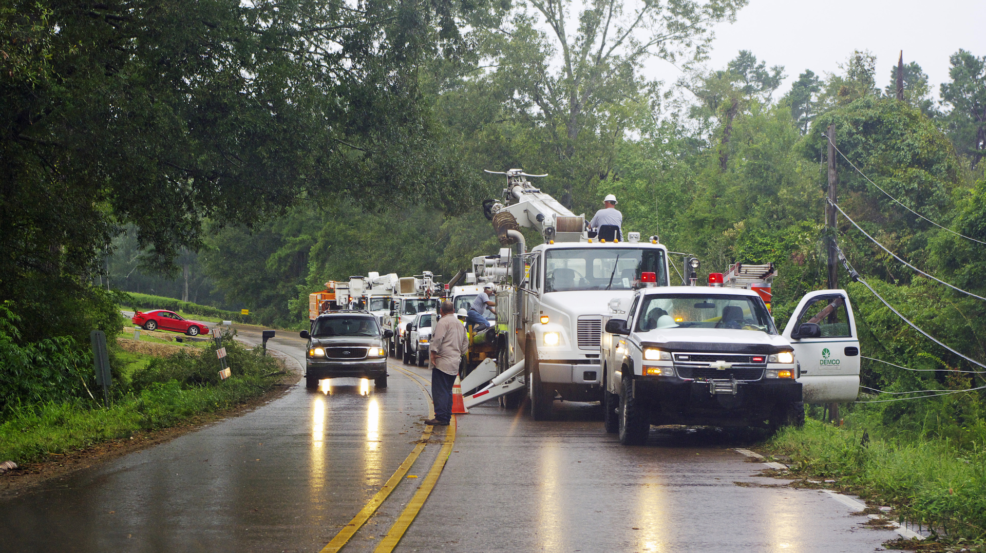 Utility workers respond to a storm in Louisiana.