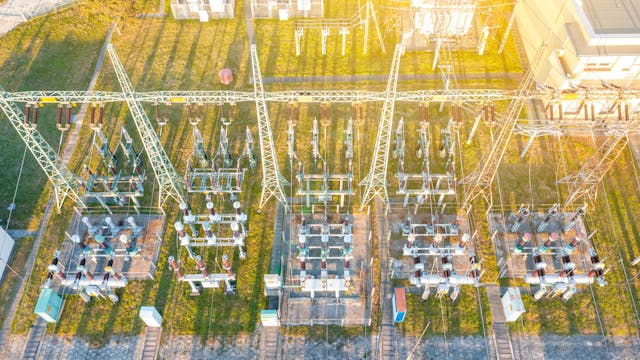 Drone photography of a large substation. Regular surveillance is one layer of protection that is open to asset managers.