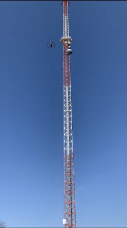 The weather radio signal was approximately 650 ft in the air, attached to a steel tower and Mark Stacey, National Weather Service, could not assess the damage from the ground. Stacey called Ameren Illinois to ask for a drone pilot to help get a bird&apos;s eye view of the device. Within a few seconds of the flight, the drone, piloted by Ameren Illinois&apos; Paul Stegmaier, captured photos of a damaged cable.