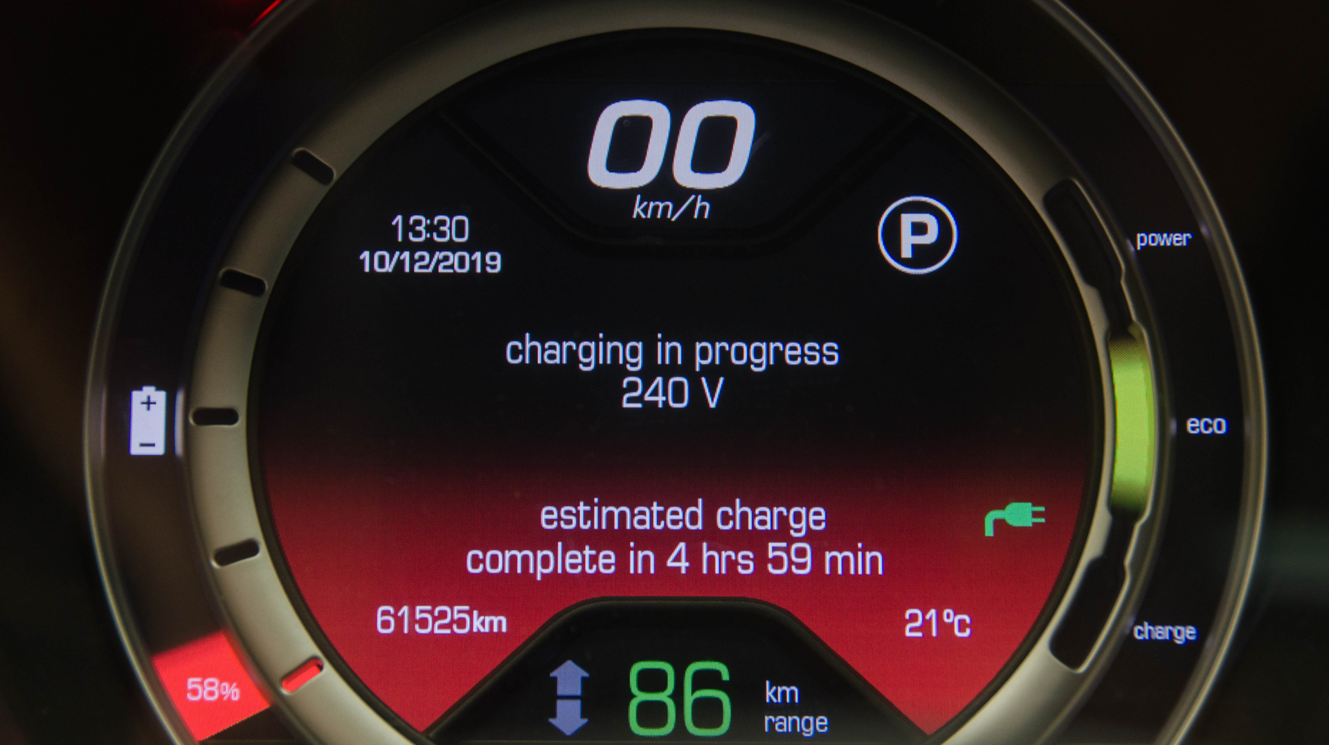 An electric vehicle&rsquo;s charge readout. DC fast-chargers are capable of putting more stress on transformers and the greater the power grid than Level 1 chargers that take hours to bring a vehicle to full charge.