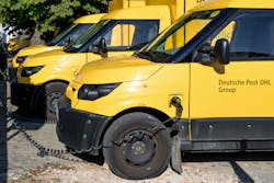 Mail and parcel delivery vehicles owned by Deutsche Post DHL Group charge their batteries in Germany. The E.U., taken as a whole, is the No. 2 leader in new EV sales, sandwiched between China and the U.S.
