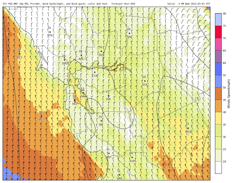 Forecasted wind gusts for the Bay Area from DTN&rsquo;s 2km WRF model, accessible from the San Jose State Wildfire Interdisciplinary Research Center