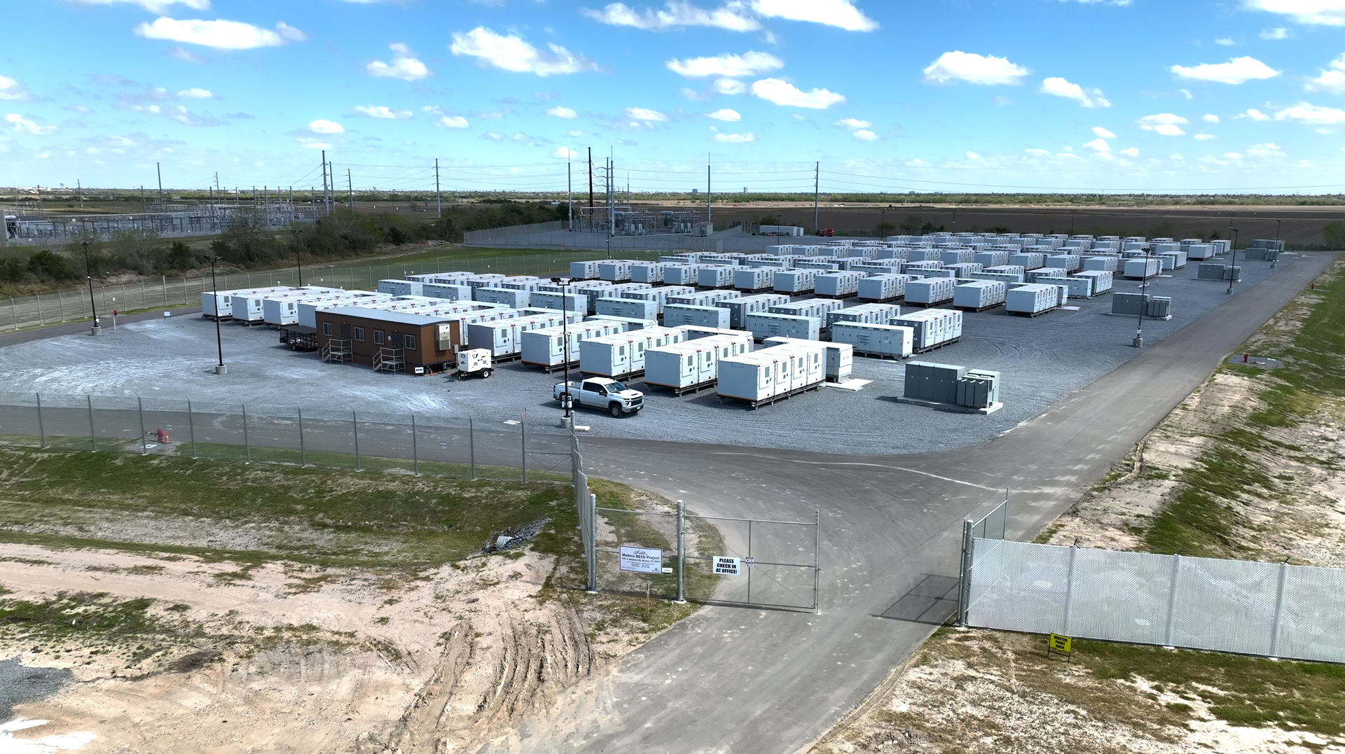 Aerial photographs of Eolian, L.P.&rsquo;s Madero & Ignacio battery energy storage facility, a 200 MW/2.5+ hour duration storage system in Texas. Eolian is the developer of PGE&rsquo;s Seaside battery energy storage system, one of the large-scale storage projects recently procured by PGE.